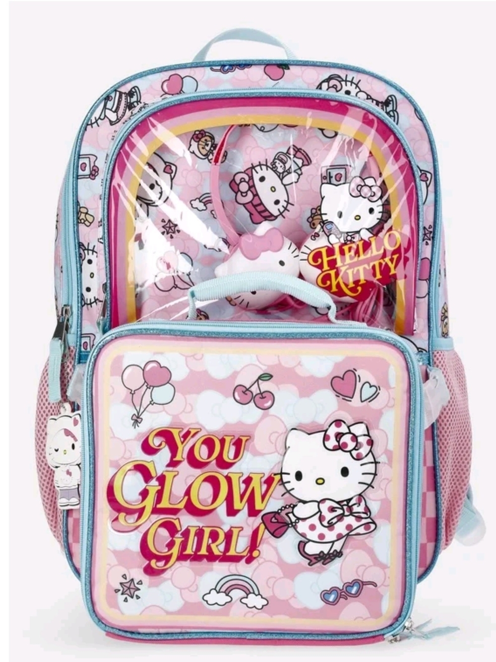 Hello Kitty You Glow Girl 17" Backpack Set with Headphones Lunch Box New W Tags